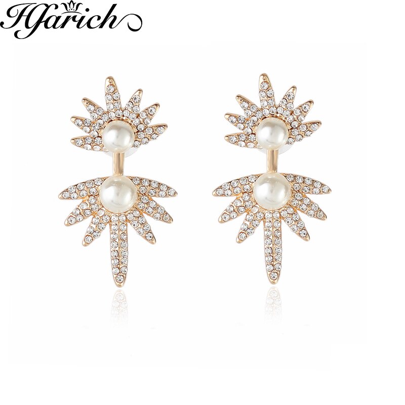 Hfarich Folha de Pérolas de Cristal Brinco Casacos Brincos Voltar Manguito Jóias Pregos Orelha Piercing Brincos Declaração Do Parafuso Prisioneiro para As Mulheres