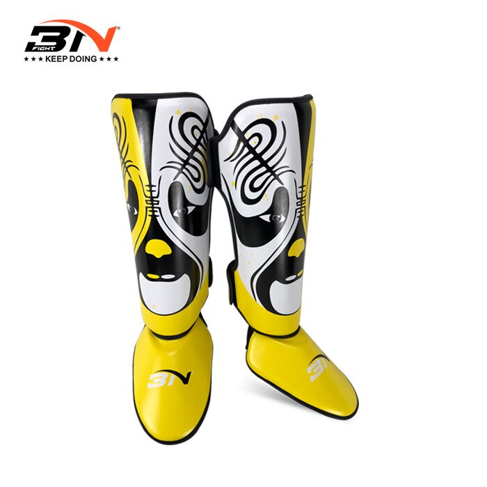 Ópera chinesa maquiagem facial boxe caneleiras protetor de tornozelo do plutônio mma muay thai kickbox treinamento perna aquecedores sparring caneleiras: Yellow / M 135cm to 159cm