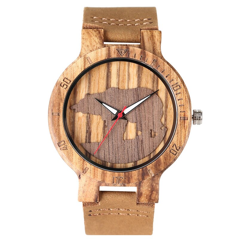 Houten horloge kwarts lichtgevende wijzers ijsbeer driedimensionale wijzerplaat natuurlijke houten horloges bamboe ebbenhouten klok herenhorloges: W458301
