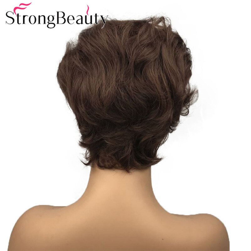 StrongBeauty Short Women Synthetic Capless Wig Pixie Cut Hair Asymmetrical Side Bang Short Curly Wigs