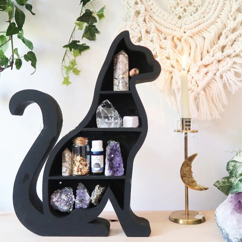 Cat On The Moon Crystal Wooden Shelf Cat Crystal Essential Oil Display Wall Organizer Living Room Rack Home Room Storage Decor