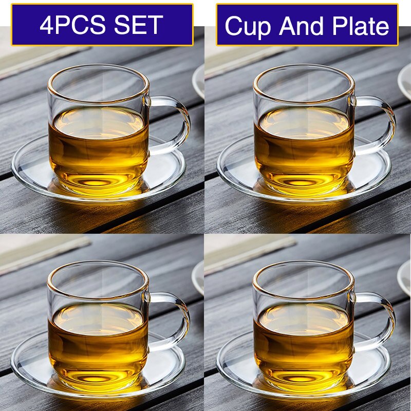 Transparent Glass Small Tea Cup Coffee Cup High Borosilicate Glass Small Wine Cup 120ml Household Tea Cup Thickened and Plate: cup and plate X 4