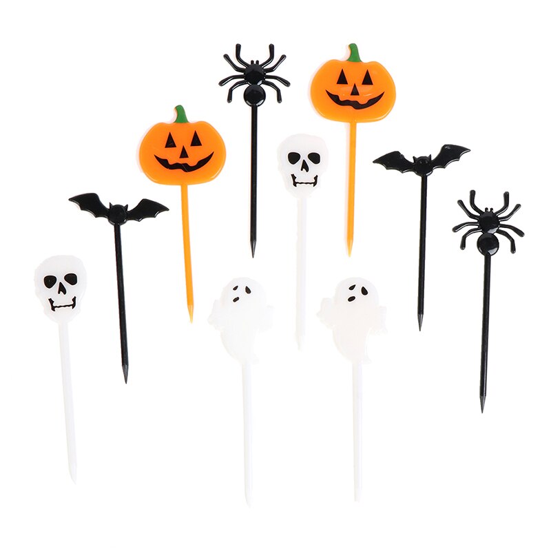 Juego de 10 unidades de comida para Halloween, fruta, tenedor de dibujos animados, pastel, palillo de dientes para postre, almuerzo, decoración de