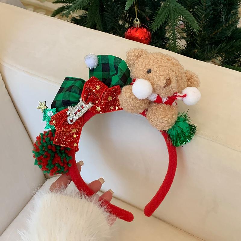 Opaska świąteczna z kokardkami w kształcie misia, opaska do włosów na Boże Narodzenie 2025, pluszowa opaska z kreskówkowym zwierzęciem, prezenty na Nowy Rok dla dziewczynek