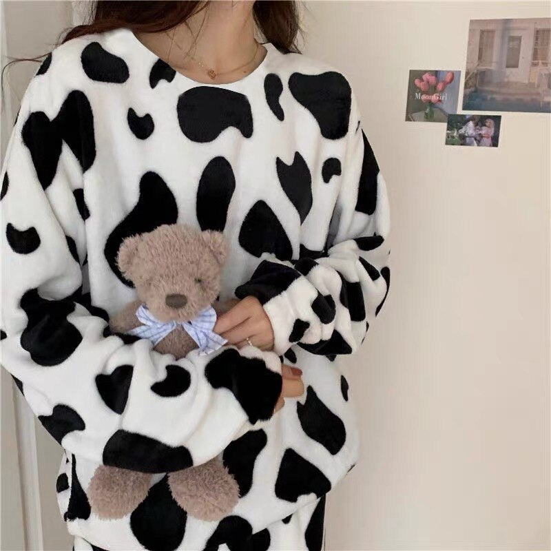 QWEEK Cow Print Pajamas for Women Velvet Pijama Kawaii Sleepwear Female Set Woman 2 Piece Pyjamas Long Sleeve Loungewear Suit: XXL