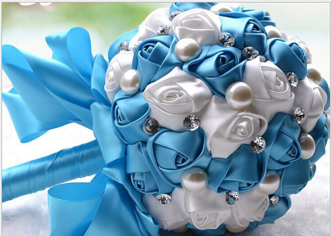 Top Cream Pink Hand Made Decorative Artificial Silk Rose Flower Bride Bridal Crystal Wedding Bouquets: Blue