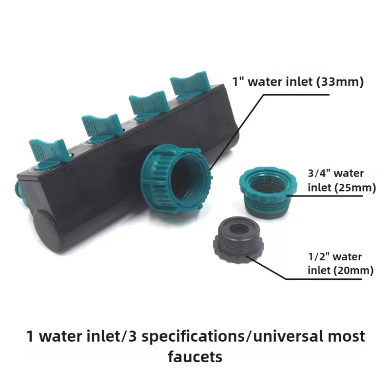 4- vägs slangkoppling, trädgårdsbevattning, vattendelare, 3/4 " och 1/2 " bevattningskopplingar, ventil, vattenfördelare