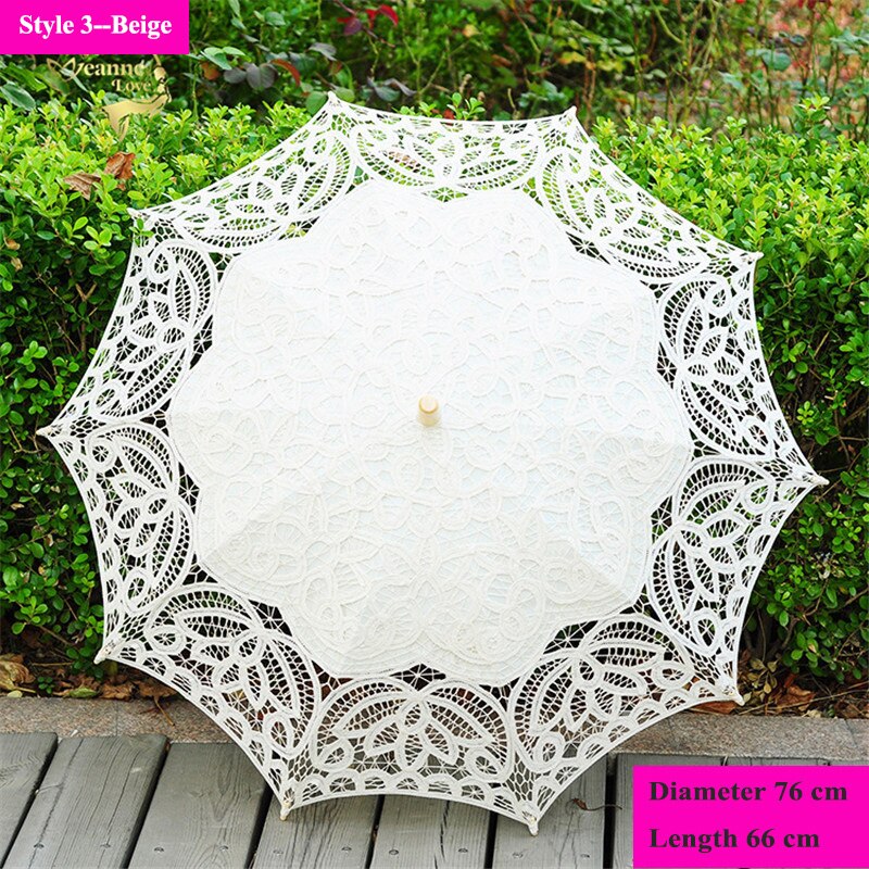 Handgemachte Stickerei Spitze Sonnenschirm Regenschirm Frauen Hochzeit Braut Foto Weiß Baumwolle Holz Griff Dekoration Regenschirm: Stil 3--Beige
