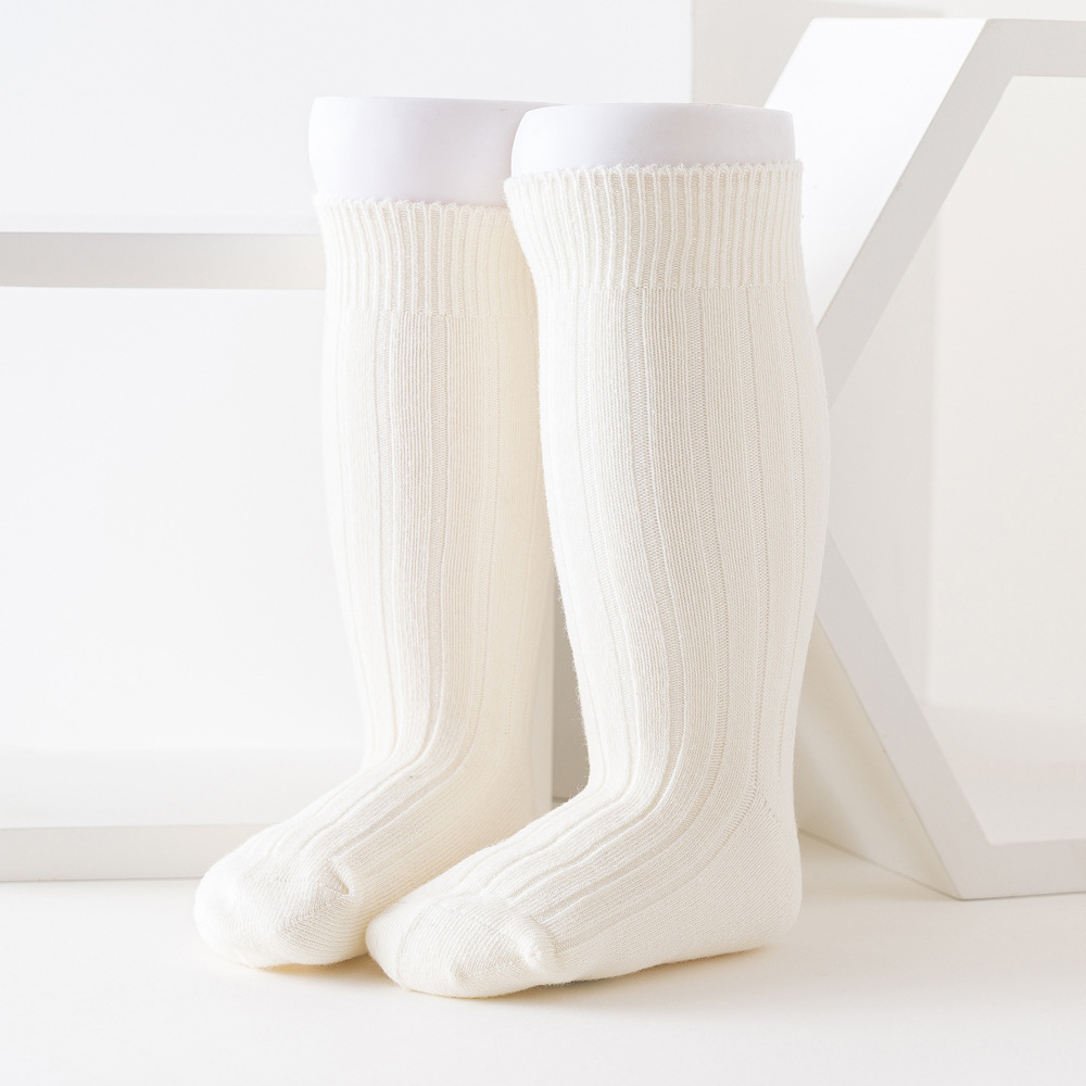 Autunno inverno bambino ginocchio alto lungo cotone tinta unita striscia calzini lavorati a maglia gamba calda per 0-3Y bambini neonati bambini ragazze ragazzi: white / 6-12 months