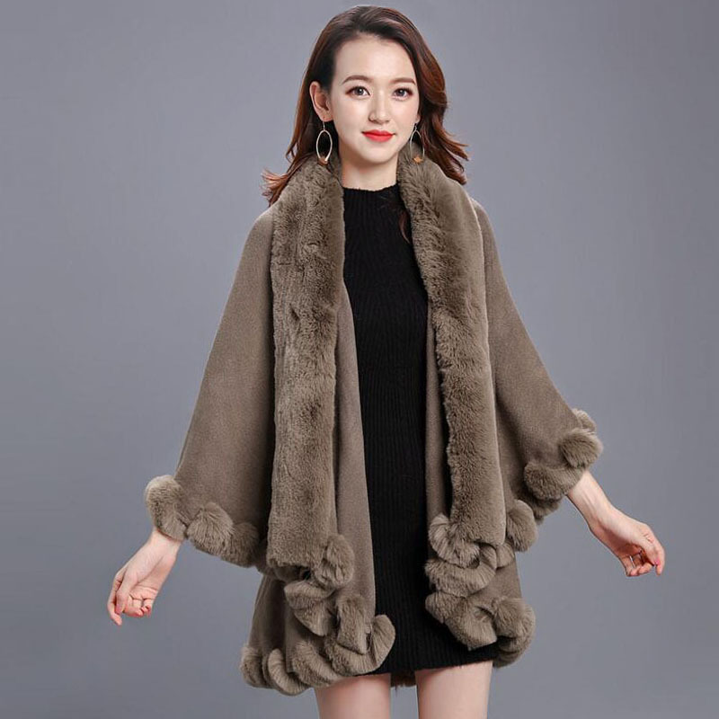 Cárdigan con cuello de piel de conejo sintética para mujer, de 2 capas capa larga, Poncho cálido y suelto, abrigo de invierno, 10 colores