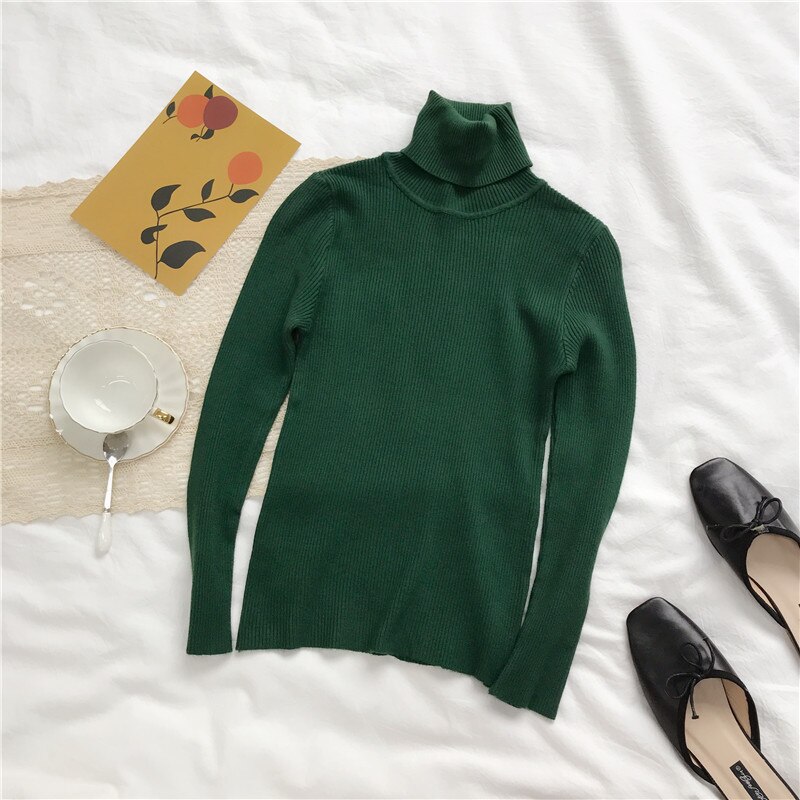 Pull épais pour femmes, Pull tricoté côtelé, Pull à manches longues, col roulé, Pull Slim et pour femmes, collection automne et hiver: green