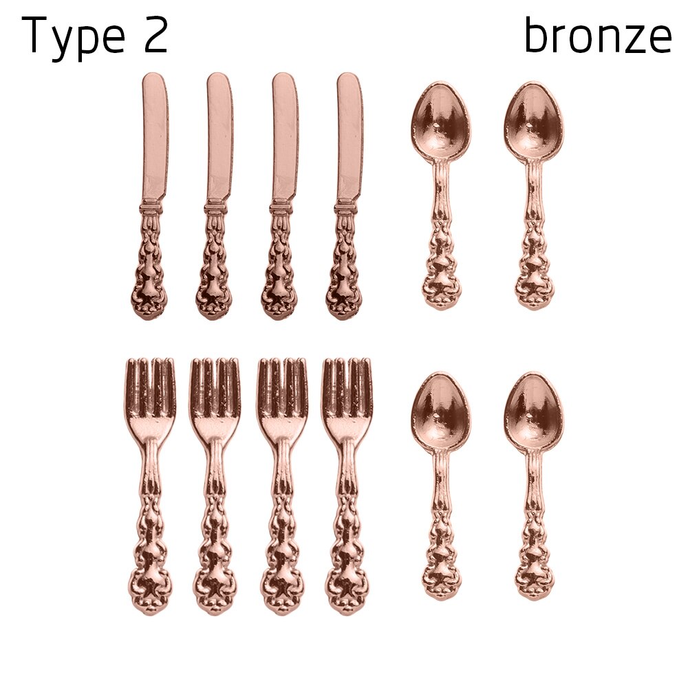 12Pcs Simulation Mini Cutlery Set Dollhouse Furniture 1:12 Scale Fork Knife Spoon Miniature Tableware Doll Accessories: Type 2 - bronze