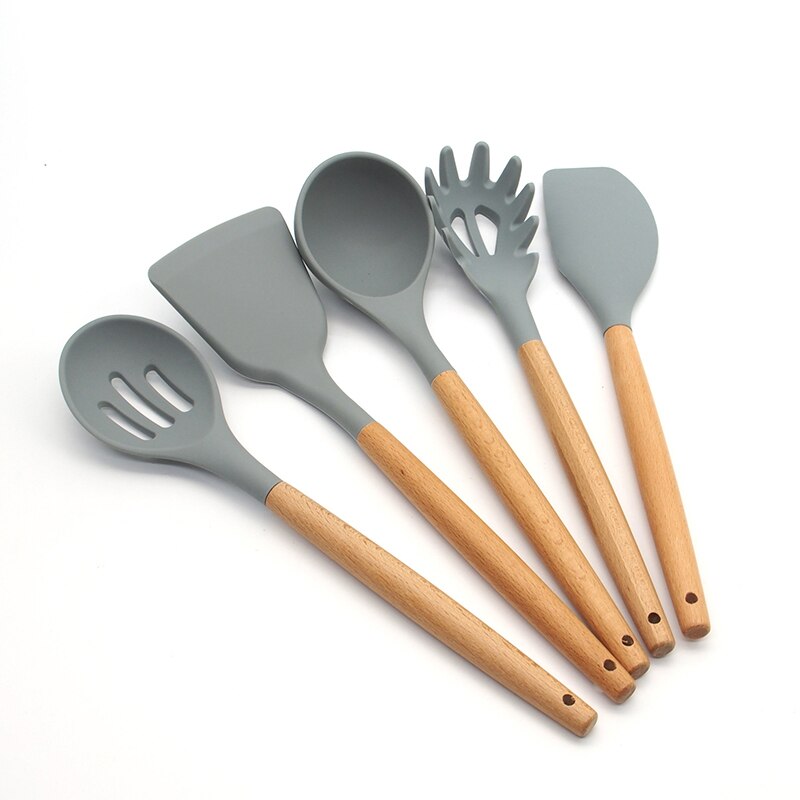 Silicone Cooking Utensils Kitchen Utensil Set Non-stick Heat Resistant Silicone,Cookware with Wooden Handle: 5 Pcs