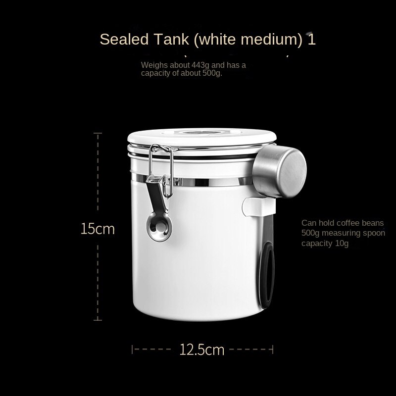 Vacuum Unidirectional Exhaust Coffee Bean Container with Spoon Airtight Jar Stainless Steel Canister Food Storage Containers: 1500ml white