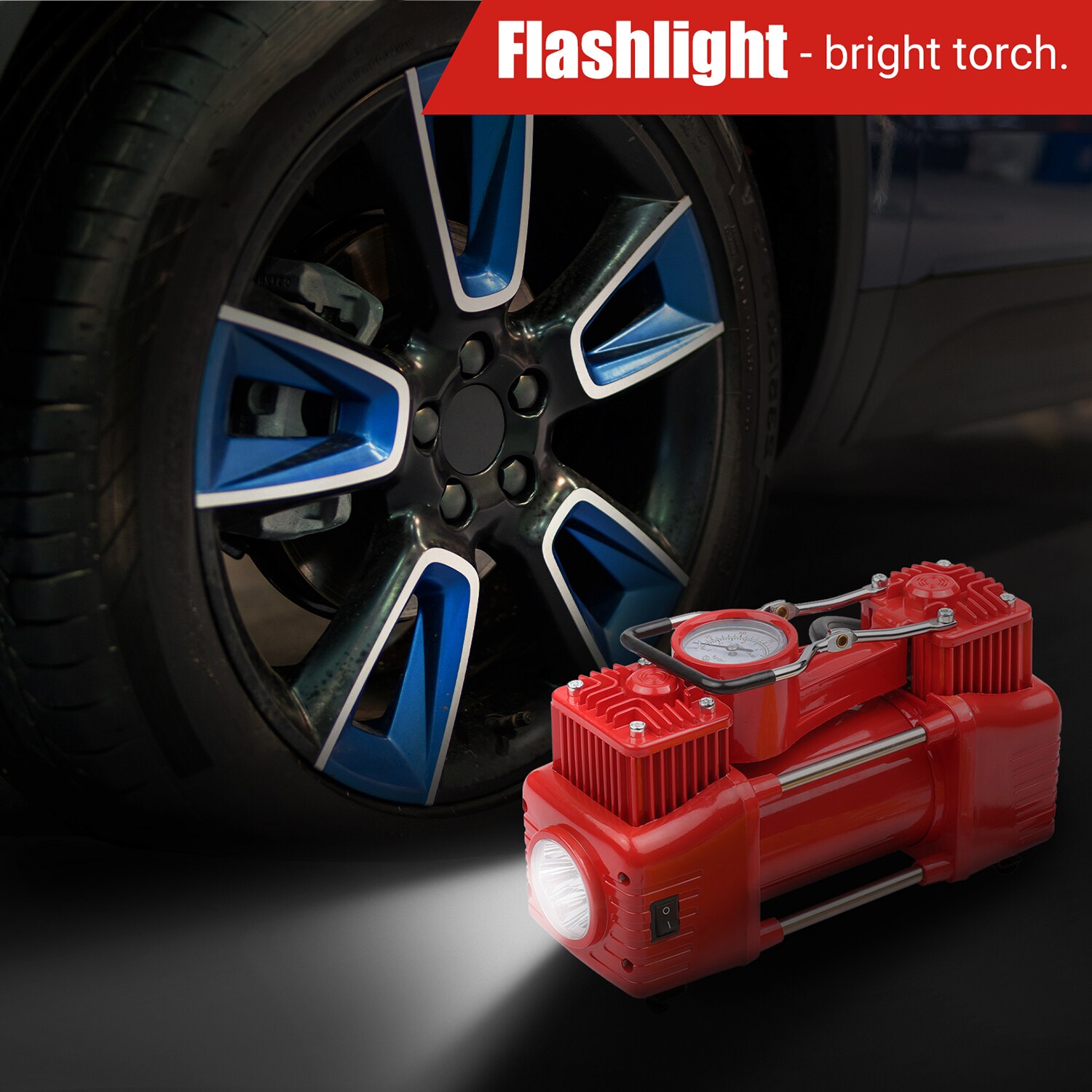 DC12V Dual Cylinder Air Compressor Portable Tire Inflator Emergency Car Air Pump with 3 Nozzles Extended Tube Carrying Case