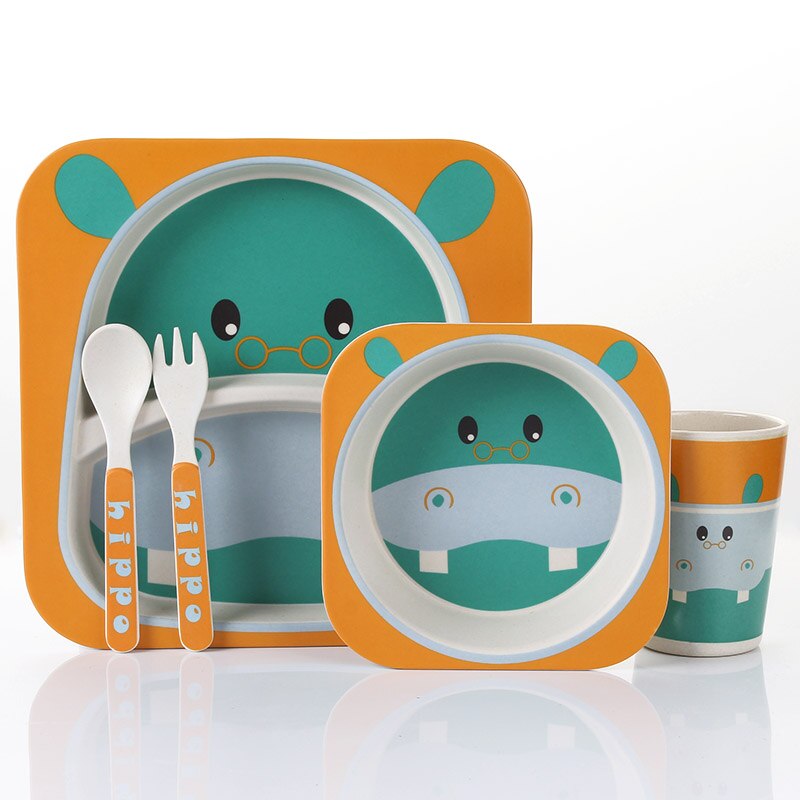 5pcs/set Animal Zoo Baby Plate Bow Cup Forks Dinnerware Feeding Set 100% Bamboo Fiber Baby Children Tableware Set: 5pcs for 1set8