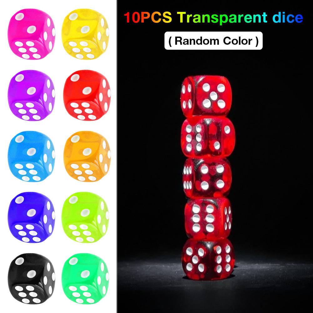 10pcs Dice Set Transparent Acrylic Dice Set Random Color for Party Table Board Game 16mm