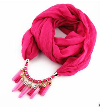 Ethtic Silk Scarf Necklace Neckerchief Scarves Tassels Women Printed Silk Muffler Scarfs Choker Statement Jewelry Luxury Bijoux: Rose Red