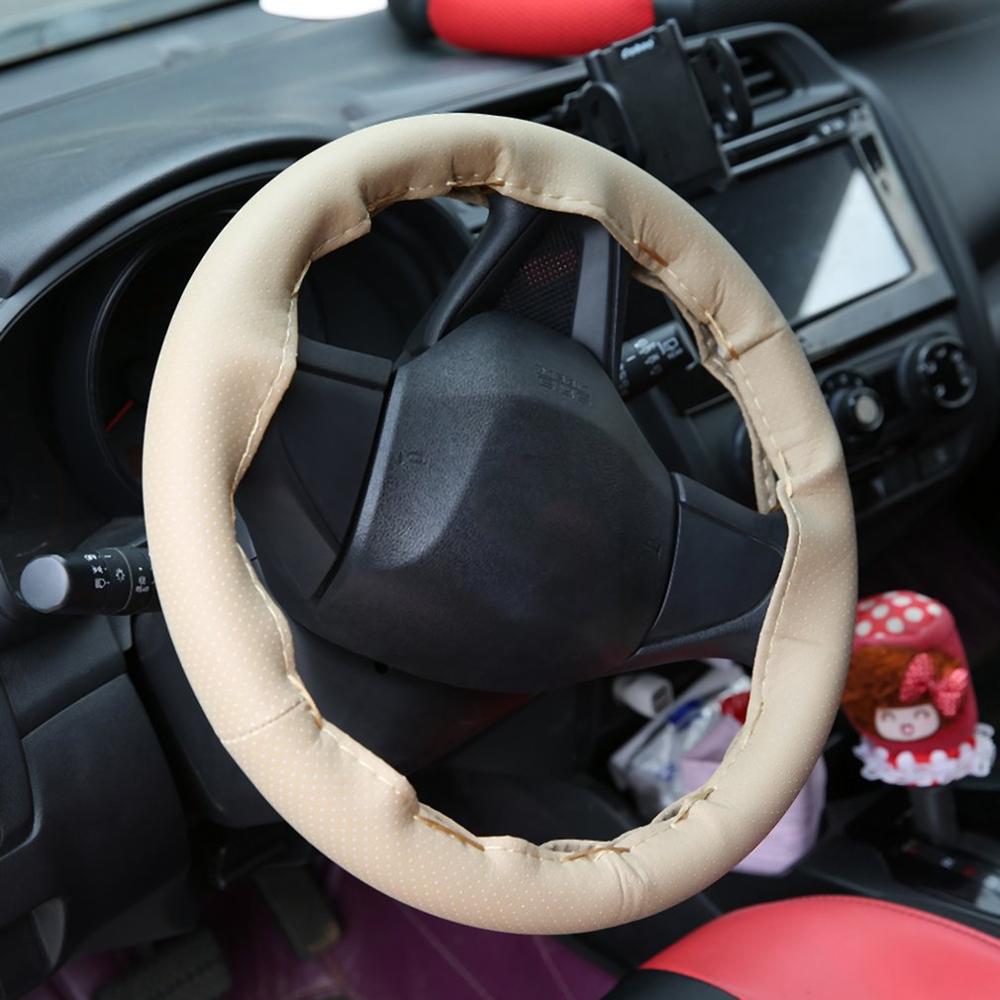 Nouvelle couverture de volant de voiture Auto douce de Texture de bricolage de 4 couleurs avec des aiguilles et des bâches de voiture en cuir artificiel de fil: Beige