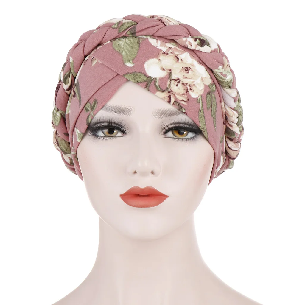 Flettede hijaber for kvinner korspann blomstertrykk muslimsk kvinne turban til fest islamsk hodeplagg elastisk hijab-lue