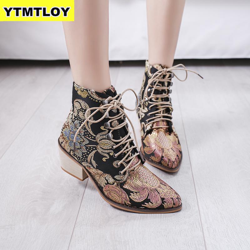 Retro bohemio, botas para mujer, botines estampados, botines de moto Vintage para mujer, novedad , botas de tacón alto bordadas