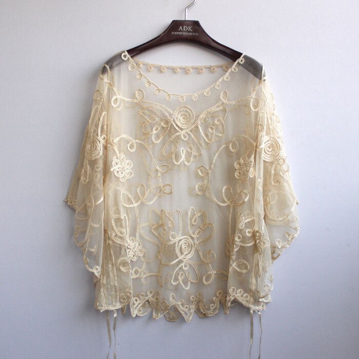 Zomer Toevallige Losse Oversized Dunne Mesh Borduren Bloemen Batwing Mantel Cape See-Through Kant Poncho Jas Feminino: beige