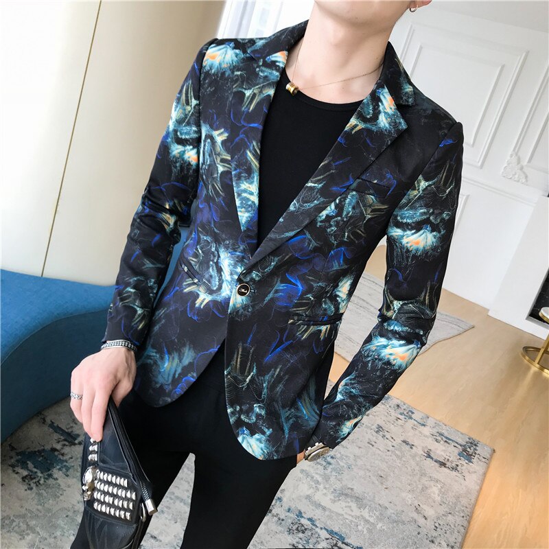 Herr guldpläterad blommig kostymjacka herr slim terno masculino trend sångarklänning jacka herr kavaj med enkel knapp: Blå / Xxxl