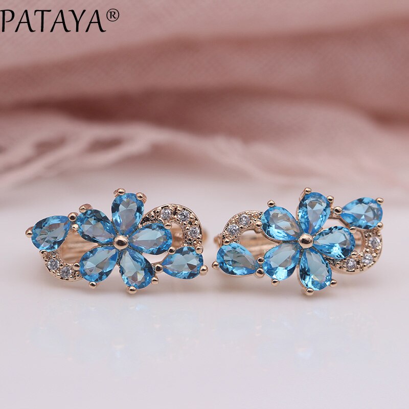 PATAYA Water Pruimenbloesem Dangle Oorbellen Vrouwen Mode Trendy Sieraden 585 Rose Goud Bloemblaadje Natuurlijke Zirkoon Blauw Oorbellen: Sea Blue