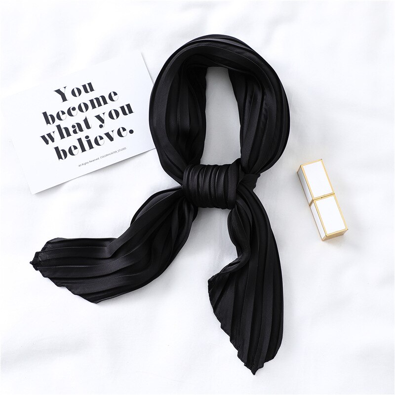 Solid Zwart Wit Roze Kleine Vierkante Twill Zijde Satijn Sjaal Vrouwen Dames Crinkle Haar Hoofdband Sjaals 70cm * 70Cm: YZ44 Black