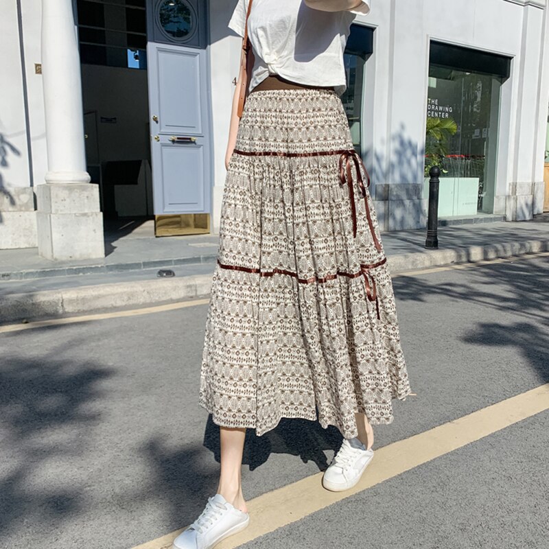 Faldas de estilo Retro para mujer, étnico, cintura alta elástica, Tencel, algodón, lino estampado, para vacaciones en la playa, verano,