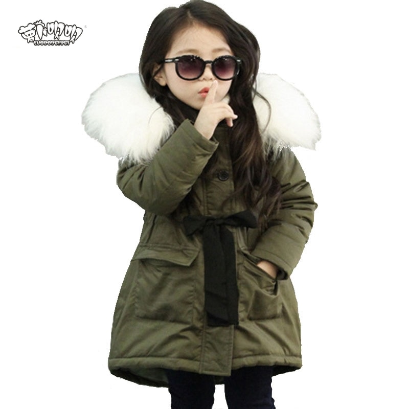 Girls Jackets Kids Faux Fur Collar Coat Korean Children Winter Sports Outwear 3-11 years old Army Green Thick Warm Coat