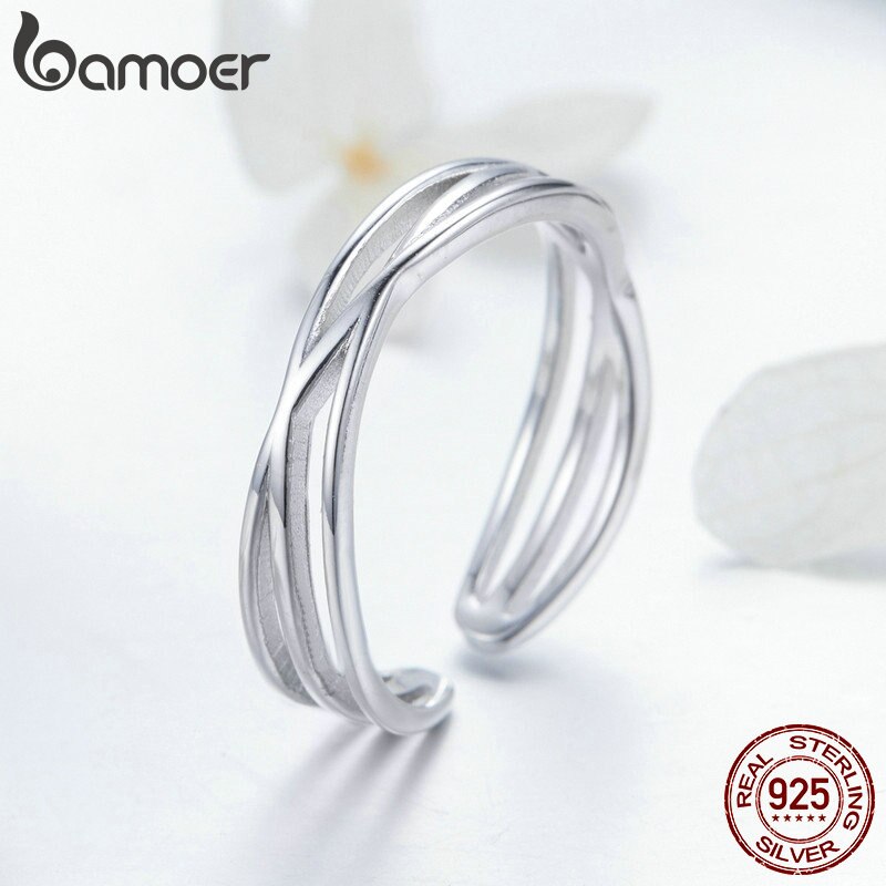 BAMOER Authentische 925 Sterling Silber Geometrische verdrehte Welle Öffnen Größe Finger Ringe Frauen Hochzeit Engagement Schmuck SCR483