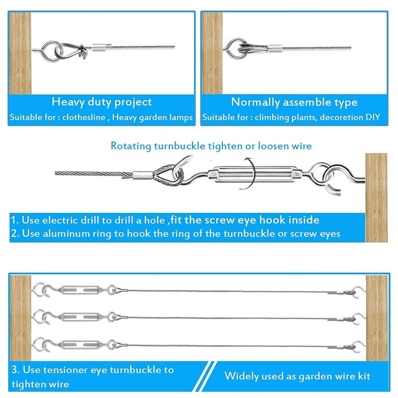 15M Garden Wire for Climbing Plants,Wire Fence Wire Rope Clips Turnbuckle Wire Tensioner for String Lights Hanging Kit