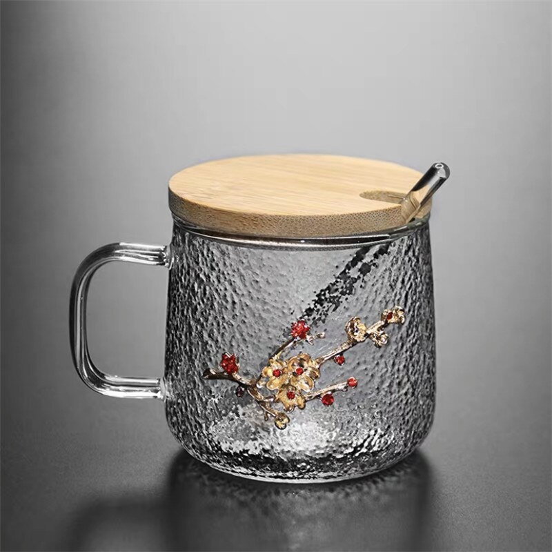 Heat Resistant Glass Coffee Mug with Lid and Spoon Office Silver Inlay Plum Blossom Teacup Transparent Hammer Pattern Milk Cup: D set