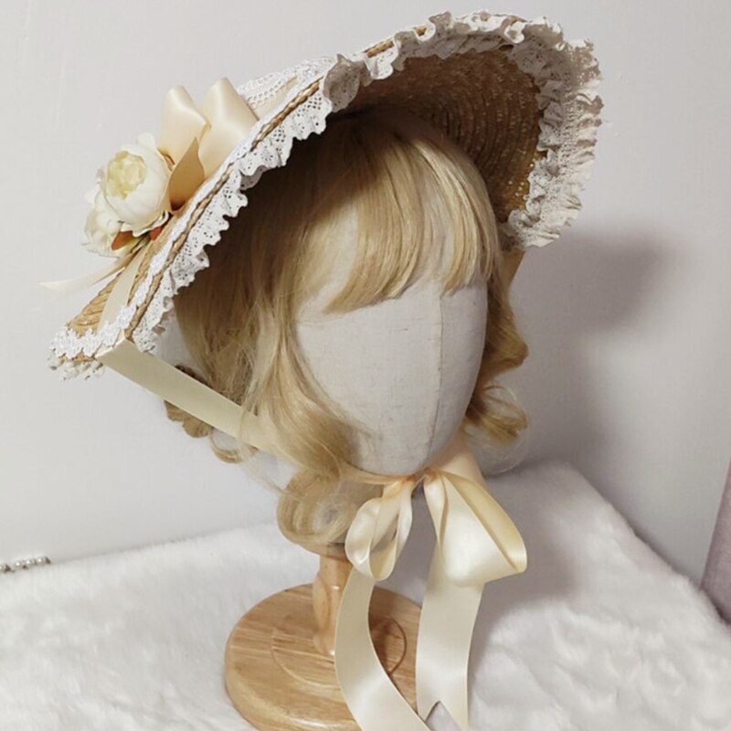Japanese Lolita Sweet Handmade Straw Sun Hat Lace Patchwork Ribbon Bandage Bowknot Wide Brim Tea Party Flat Cap