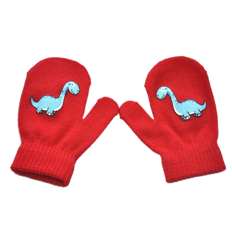 Guantes elásticos de invierno para niños pequeños, manoplas de tejido cálido con estampado de dibujos animados de dinosaurios, de 1 a 5 años: Rojo