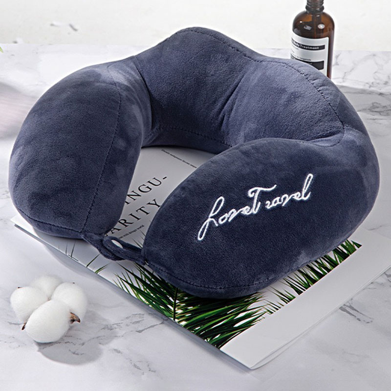 Almohada de viaje portátil para el cuello, espuma viscoelástica de franela para avión, coche, oficina, soporte ergonómico para el cuello en forma de U con hebilla
