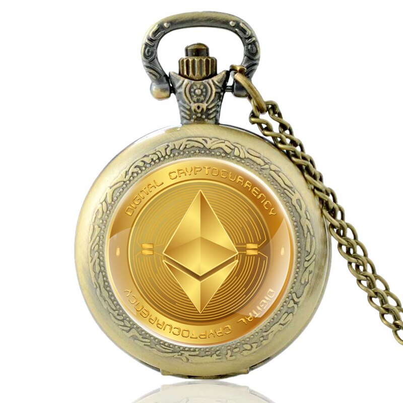 Digit Cryptocurrency Ethereum Glas Cabochon Quartz Zakhorloge Vintage Mannen Vrouwen Hanger Ketting Horloges: Bronze