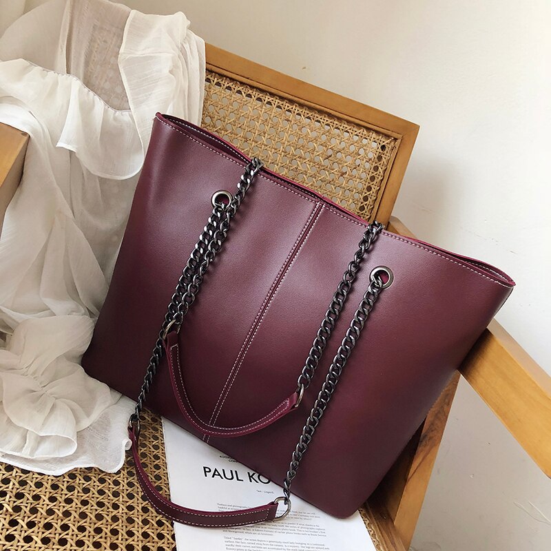 Grote tassen voor vrouwen, grote capaciteit, boodschappentas, zwarte leren schoudertas, casual dames shopper handtas: Wijnrood