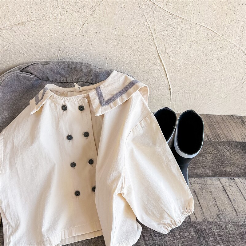 1638C Mädchen Kleidung Cottom Hanf Shirt 2022 Frühjahr Neue Koreanische Mädchen der Hemd Mantel Langarm Zwei Reihe Tasten Mädchen der oben Mantel: Beige / 100 Pro 3y