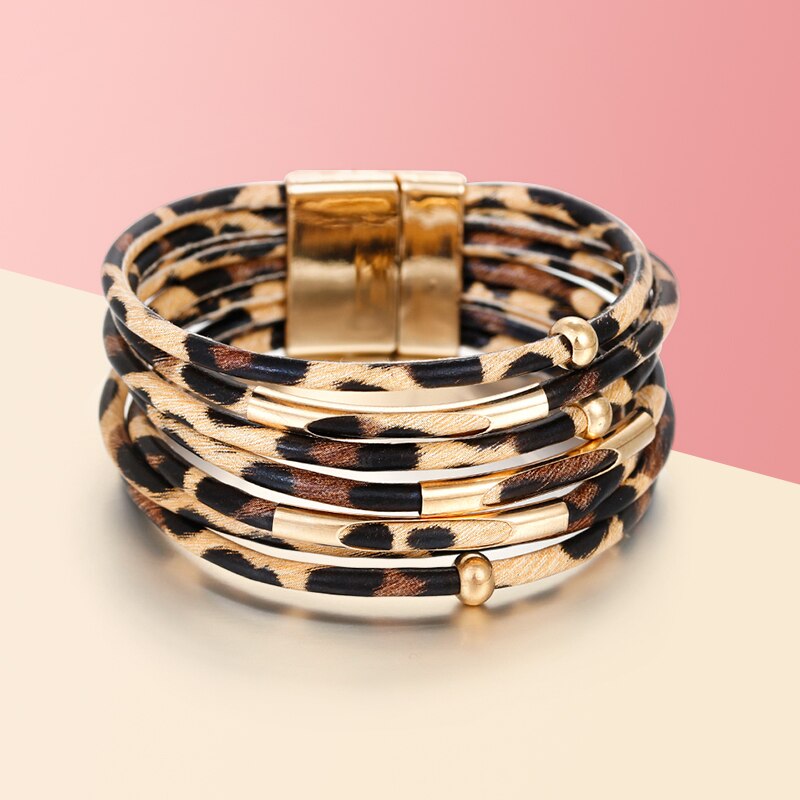 Luipaard Vrouwen Lederen Armband Sieraden Mode Metalen Buis Dames Brede Boho Multilayer Wrap Armbanden & Bangles