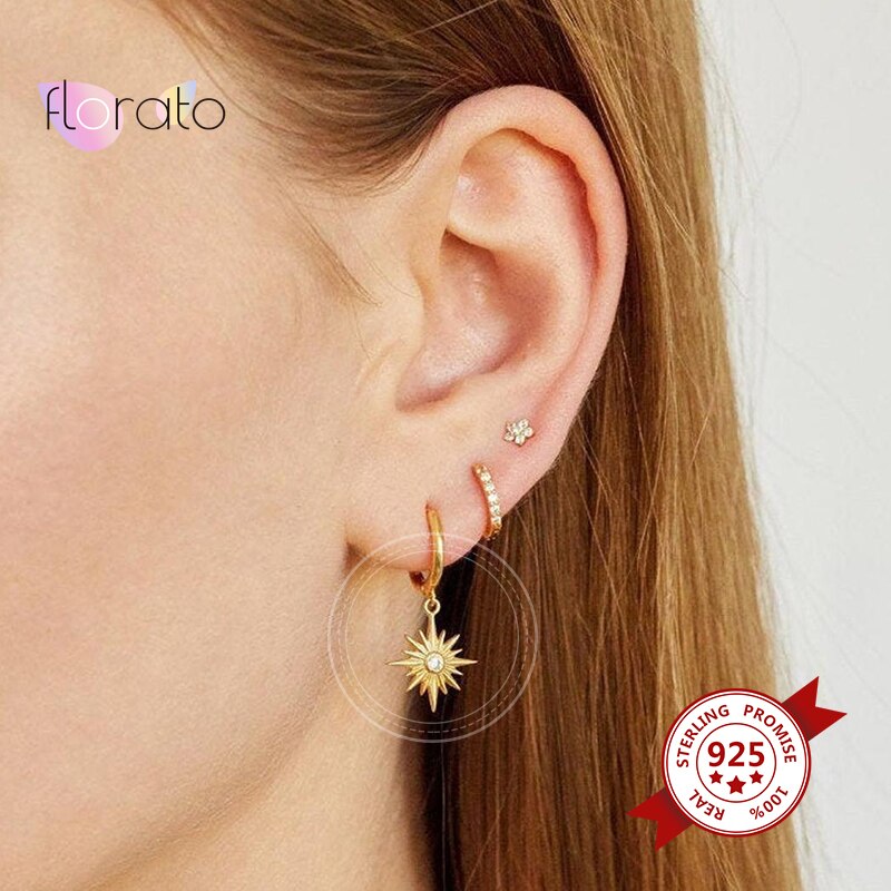 925 Sterling Zilveren Oor Gesp Star Oorbellen Wit Paars Sapphire Crystal Huggie Oorbellen Prachtige Vrouwelijke Mode-sieraden