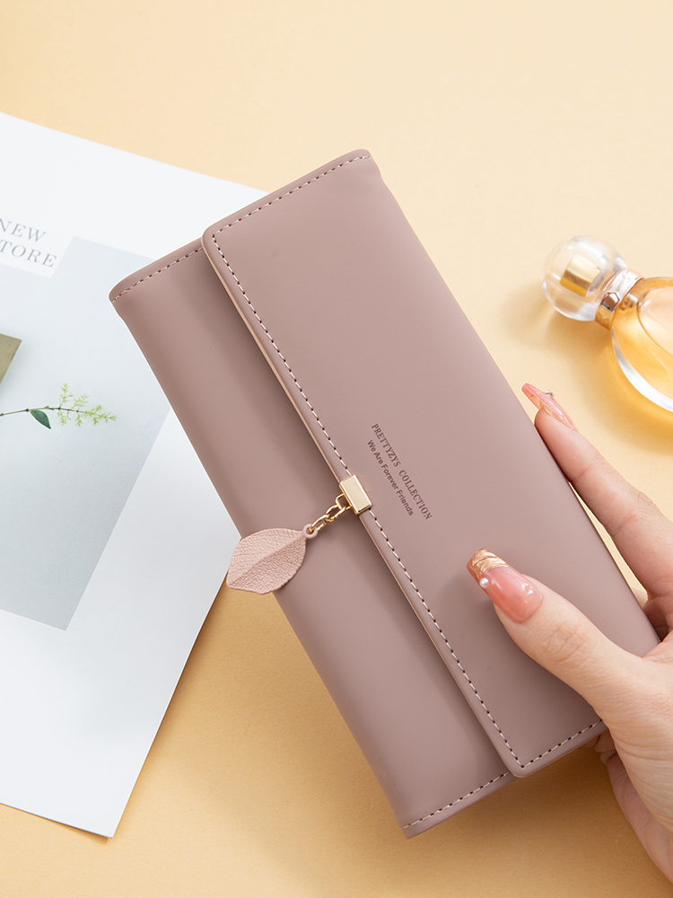 spring and summer women's PU leather Japanese and South Korea small fresh leaf pendant three fold bag large capa