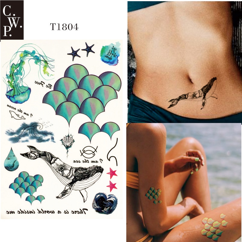 T1804 1 stykke havfrue hav midlertidig tatovering med tatoveringer med skæl, havstjerne, hval, vandmænd og vandmønster kropsmaling