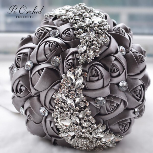 PEORCHID De cristal rojo ramo De la boda Flores para novia Rosa De satén rosa/Borgoña De Ramos De Flores Novias diamante broche De ramillete nupcial: Dark Gray