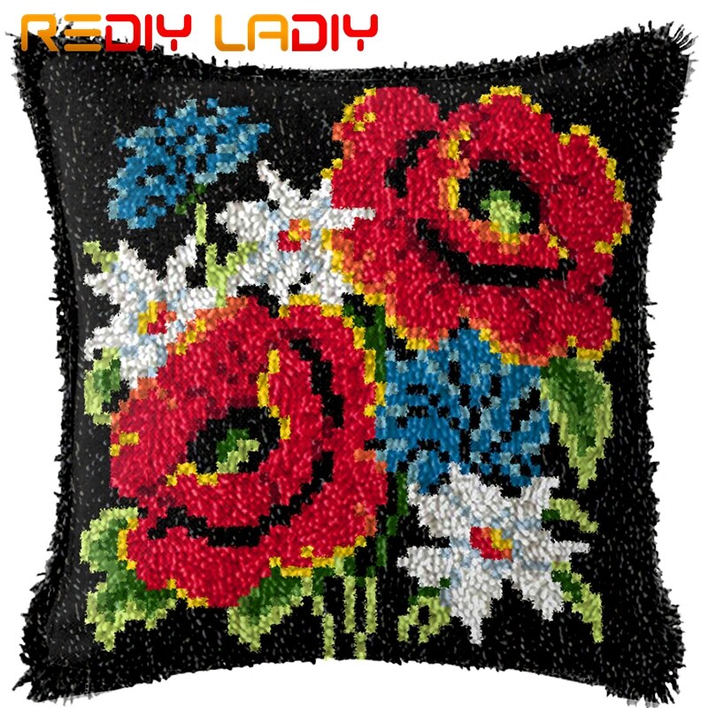 Klink Haak Kussen Kleurrijke Bloemen Kussensloop Pre-Gedrukt Kleur Canvas Acryl Garen Latched Haak Kussen Gehaakte Kussenhoes: BZ436
