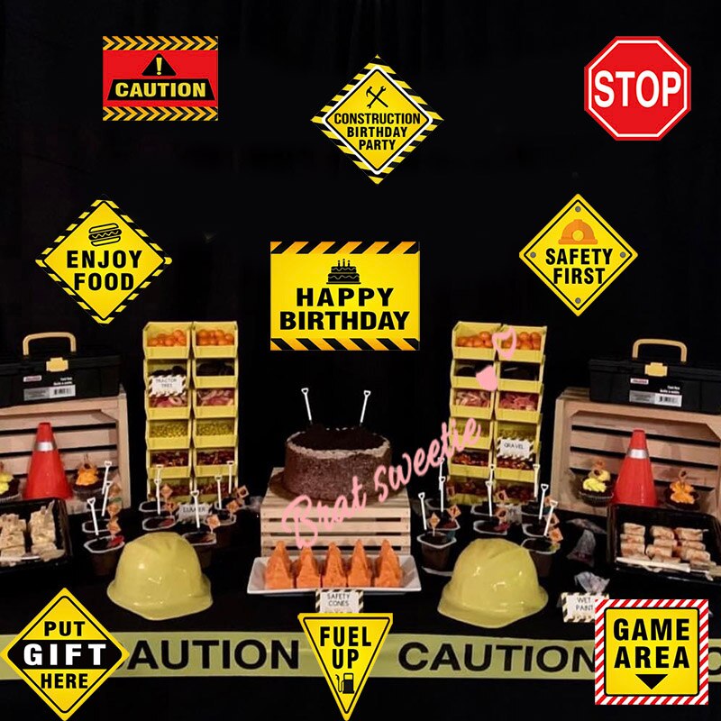 12 unids/set construcción papel de señal señales de tráfico tonto camión chicos tema adornos de feliz cumpleaños niños suministros