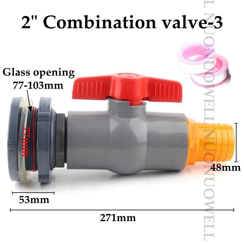 1Set 1/2"1" Combination Valve Aquarium Pagoda Connector Fish Tank Drain Joint Aquarium Hose Drainage Accessories Valve Assembly: 2in vavle 3