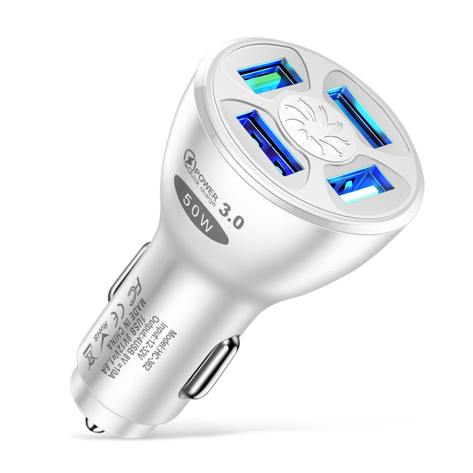Floveme 4 -port-usb-autoladegerät mit 50w schnelllade- und 10a mini-schnellladeanschlüssen für iphone 11 , xiaomi, huawei und samsung mobiltelefone im auto: Weiß