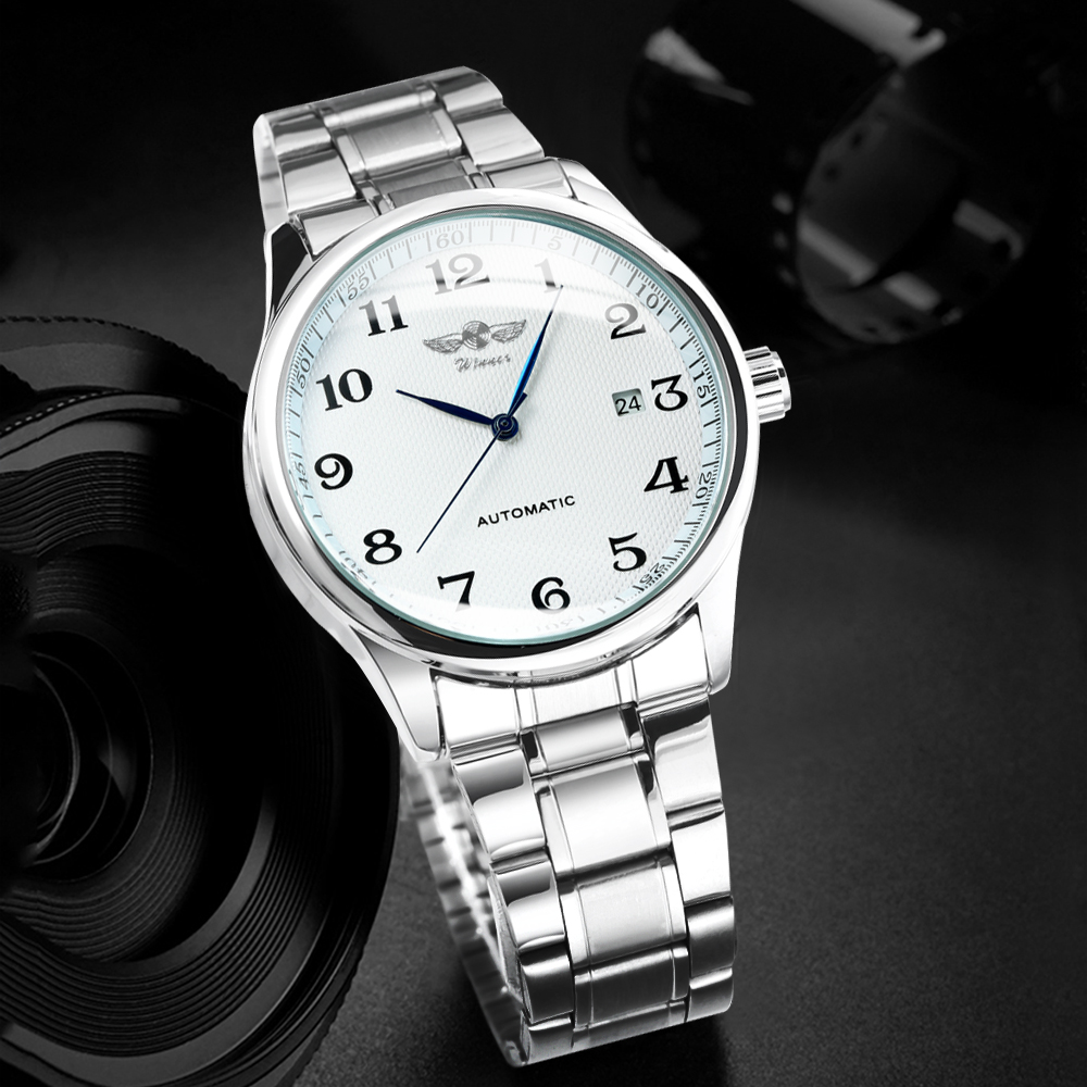 Winner Klassische Business-Armbanduhr für Herren, Retro-Kalender, blaue Zeiger, automatische mechanische Uhren, Top, Luxus-Stahl-Ledergürtel